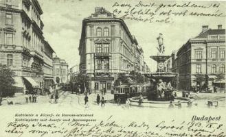 Budapest VIII. Kálvin tér, József- és Baross utca, Magyar Fémlámpaárú Gyár üzlete, gyógyszertár, villamos (kis szakadás / small tear)