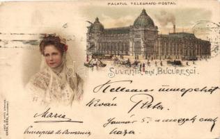 Bucharest, Bucuresti; Queen Marie of Romania / Mamma Regina, Palatul Telegrafo-Postal, litho (Rb)