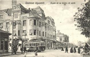 Budapest IV. Újpest, Árpád út és István út sarok, gyógyszertár, cukrászda, villamos, kiadja Weisz Berthold papírkereskedése (EK)