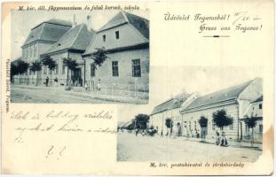 Fogaras, Fagaras; Postahivatal, járásbíróság, főgimnázium, felső kereskedelmi iskola, kiadja Thierfeld Dávid / post office, court, schools (felületi sérülés / surface damage)