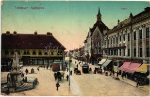 Temesvár, Timisoara; Gyárváros, főtér, villamos, Kunovsky Rezső, Wilheim Fülöp és Steingaszner Ferenc üzletei / Factory district, main square, tram, shops (rb)