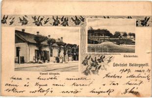 Belényes, Beius; vasútállomás, közkórház, kiadja Wagner Vilmos / railway station, hospital, floral (kis szakadás / small tear)