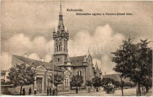 Kolozsvár, Cluj; Ferenc József út, Református templom, kiadja Schuster Emil / street, church
