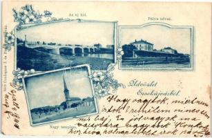 1899 Érsekújvár, Nové Zámky; vasútállomás, Nagytemplom, az új híd, kiadja Conlegner J. és Fia / railway station, church, the new bridge, floral (EM)