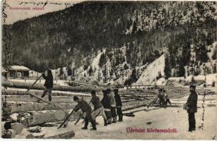 Kőrösmező, Jaszinya; Kozmescseki rakpart, favágók télen, kiadja Rosenbluth Emanuel / woodcutters during wintertime at the quay