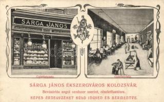 Kolozsvár, Cluj; Sárga János kolozsvári üzlete és a gyárhelyiség rajzolt képe / the Jewelry shop of János Sárga in Cluj and a drawn picture of the factory interior, Art Nouveau (EK)