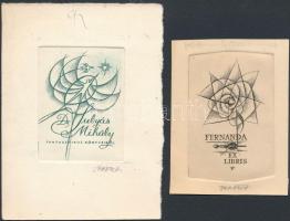 Vertel József (1922-1993): Ex libris Fernanda és Gulyás Mihály. Rézkarc, papír, jelzett, 6×4,5 cm és 5,5×4 cm