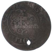 Livónia / Riga / Lengyel megszállás ~1601-1622. Solidus Ag "III. Zsigmond" (0,55g) T:2-,3 ly., patina Livonia / Riga / Polish occupation ~1601-1622. Solidus Ag "Sigismund III" (0,55g) C:VF,F hole, patina Krause KM#5