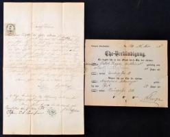 1868, 1875 Keresztlevél és házassági kihirdetési bizonyítvány, egyiken 50 kr okmánybélyeggel