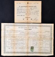1872, 1875 Házassági hirdetőlevél és házassági anyakönyvi kivonat, egyiken 50 kr okmánybélyeggel