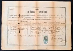 1876 Bp., Keresztelési anyakönyvi kivonat 50kr okmánybélyeggel