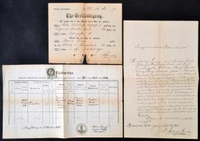 1876 Házassági hirdetőlevél és keresztelési anyakönyvi kivonat, 3 db, egyiken 50 kr okmánybélyeggel