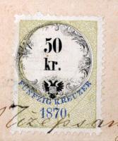 1872, 1876 Házassági hirdetőlevél és keresztelési anyakönyvi kivonat, 3db, 2x50 kr okmánybélyeggel