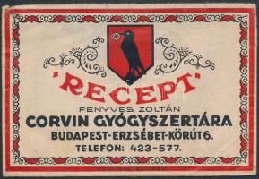 cca 1920 Budapest, Corvin gyógyszertár dekoratív receptborítékja, hátoldal hiányos / Hungarian medical prescription, partial backside 8×12 cm