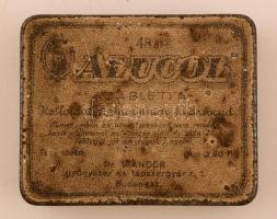 cca 1930 Alucol, Dr. Wander Gyógyszer- és tápszergyár r.t. Budapest, fém gyógyszeres doboz, kopottas, 5x6,5x1,5cm