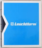 Használt, kék Leuchtturm négygyűrűs "Coin Sets of all Nations" mappa, 11db nagyrészt sérül...