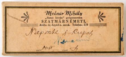 cca 1920 Szatmárnémeti Molnár Mihály Szent István gyógyszertára, karton doboz, 12,5×5,5 cm