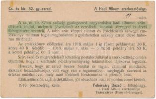 1918 A Cs. és kir. 82. gyalogezred Hadi Album szerkesztőségének levelezőlapja a Hadi Album kiadásával kapcsolatos információkkal