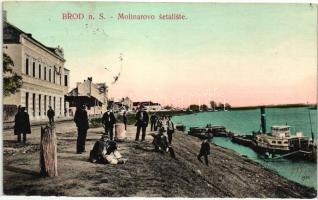 Bród, Brod na Savi; Parti sétány, gőzhajó, Viktor Selinger üzlete / promenade, steamship, shop