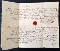 1820 Szügy, latin nyelvű kötelezvény, későbbi szlovák illetve magyar nyelvű feljegyzésekkel, viaszpe...