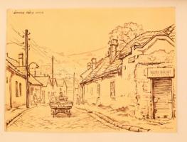 Sostarics Lajos (1896-1968): Óbuda Föld utca, Weith Bálint sütödéje. Tus, papír, jelzett, 24×33 cm