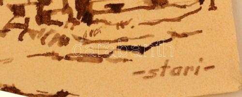 Sostarics Lajos (1896-1968): Óbuda Föld utca, Weith Bálint sütödéje. Tus, papír, jelzett, 24×33 cm