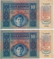1915. 10K (2x) közeli sorszám, mindkettő piros "MAGYARORSZÁG" körbélyegzővel T:III szép pa...