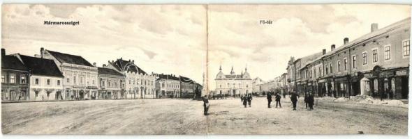 Máramarossziget, Sighetu Marmatiei; Fő tér, Csapodi Sándor, Klein Róza, Kahan Lipót üzletei, kétlapos panoráma képeslap, kiadja Berger Miksa / main square, shops, 2-tiled panoramacard (r)