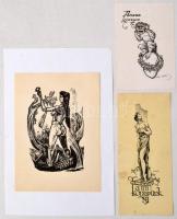 3 db jelzett erotikus és állatos ex libris, linó-klisé, papír, 9×5-13×9 cm