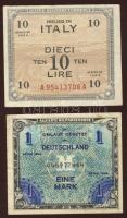 Olaszország/nemz. megszállás 1943. 1L (4x), 4L (3x), 10L, benne "F"-fel és "F" n...
