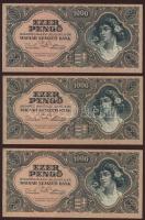 1945. 1000P (3x) elő- és hátlapi nyomat igen erősen felfelé csúszva, sötétebb színárnyalatban + egymásutáni, ill. kevés ugrású sorszámokkal! T:I