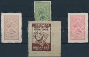 1909-1947 3 db klf színű az Első Magyar Orsz. Bélyegkiállítás levélzáró + I. Országos Bélyeggyűjtő Kongresszus, Budapest levélzáró