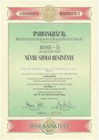 1991. Iparbankház Rt. Ipari Szövetkezeti Kereskedelmi Bankház Részvénytársaság részvénye 100.000Ft-ról, szelvényekkel, bélyegzéssel T:II