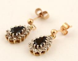 Arany (Au) 9K fülbevaló pár, csiszolt zafír és brill kövekkel, jelzett, bruttó: 1.9 gr