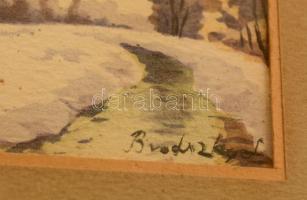 Brodszky jelzéssel: Tél a patakparton. Akvarell, papír, üvegezett keretben, 6×9 cm