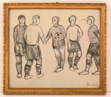 Dési jelzéssel: Futballisták. Szén, papír, üvegezett keretben,  39×44 cm