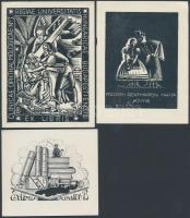 3 db jelzett (AD, S.Sz.K) ex libris, fametszet, 6×7-10×7 cm