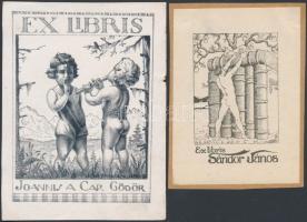 2 db háború előtti ex libris, klisé, jelzett a nyomaton (RK, Nemes Halasy Jenő), 8×5-11×8 cm