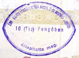 Szekszárd 1924. "A Szekszárdi Takarékpénztár" részvénye 25.000K-ról, felülbélyegzéssel, sz...