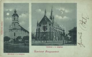 1899 Szekszárd, Újvárosi és Belvárosi római katolikus templom, este, kiadja Fischhof Mór