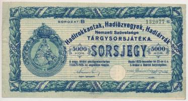 1925. "Hadirokkantak, Hadiözvegyek, Hadiárvák Nemzeti Szövetsége Tárgysorsjátéka" sorsjegy 5000K-ról, szárazpecséttel T:III