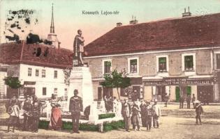Érsekújvár, Nové Zamky; Kossuth Lajos tér és szobor, Hangos István Őrangyal Temetkezési vállalata square, statue, funeral service office
