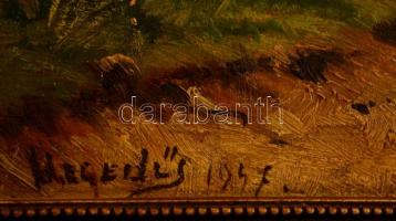 Hegedűs jelzéssel: Tanyán dolgozó asszonyok. Olaj, karton, keretben, 23×34 cm