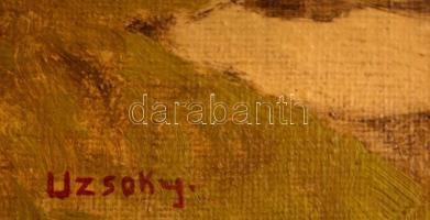 Uzsoky jelzéssel: Ház a patakpartnál. Olaj, karton, keretben,  20×30 cm