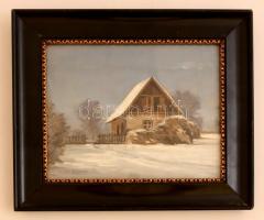 Olvashatatlan jelzéssel: Hófedte ház. Olaj, karton, üvegezett keretben, 17×21 cm