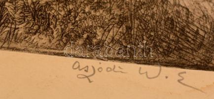 Aszódi Weil Erzsébet (1901-1976): Kilátás a tegerre. Rézkarc, papír, jelzett, 29×40 cm