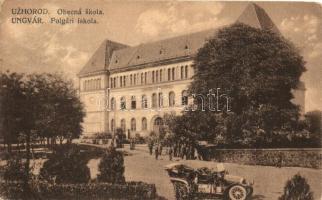 Ungvár, Uzhorod; Polgári iskola / school, automobile (EB)