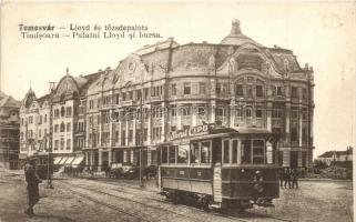Temesvár, Timisoara; Lloyd és Tőszdepalota, villamos Turul Cipő reklámmal, építkezés a háttérben / stock market Palace, trams, construction in the background
