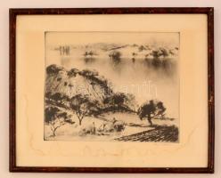 Kiss Terézia (1928- ): Folyópart. Rézkarc, papír, jelzett, foltos, 24×29 cm