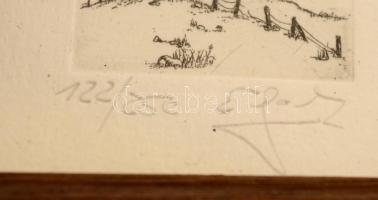 Efar jelzéssel: Fa a dombtetőn, papír, rézkarc, jelzett, üvegezett fa keretben, 3x3 cm., fa keret: 8...